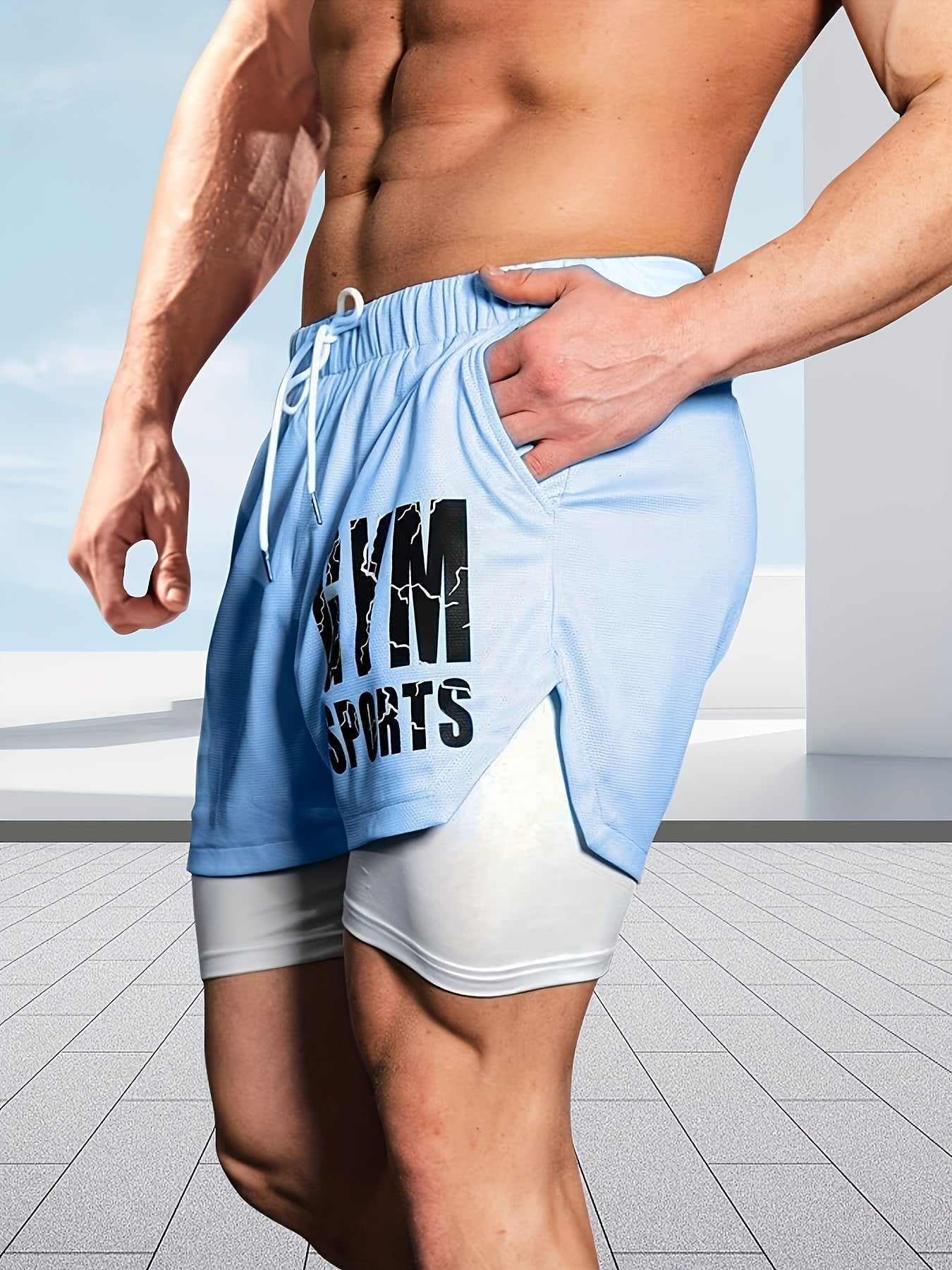 Men's 2-in-1 Breathable Quick-Dry Athletic Shorts, Comfy Letter Print Shorts For Sports & Fitness