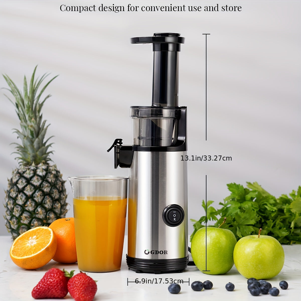 20 Oz Compact Masticating Cold Press Juicer Machine - Powerful 60NM DC Motor, Low Noise, Easy Cleaning, BPA-Free, Silver - Includes Brush and Juice Cup