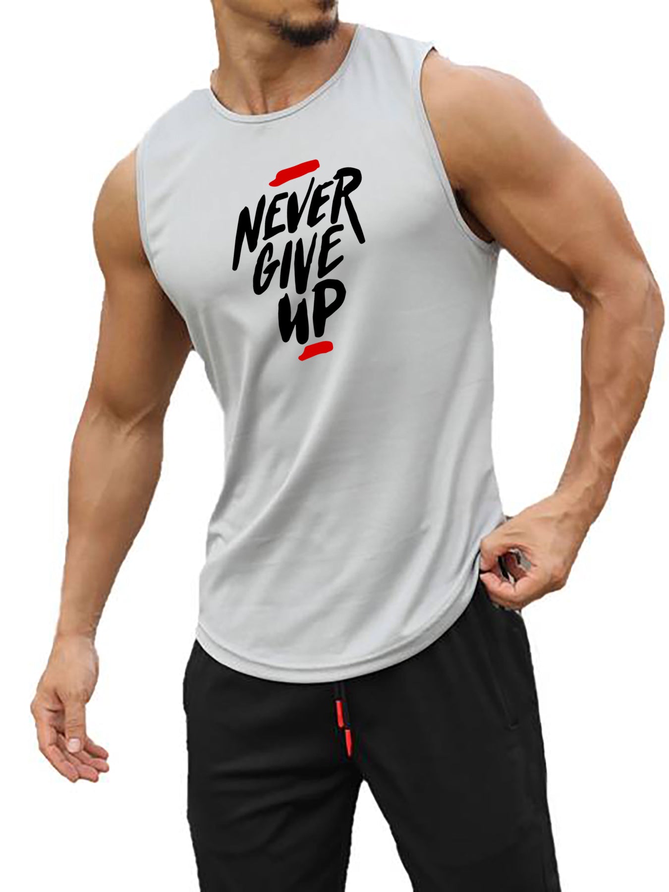 Comfy Never Give Up Graphic Print Crew Neck Tank Top - Soft Slight Stretch Polyester Fabric, Ideal for Summer Gym Workout
