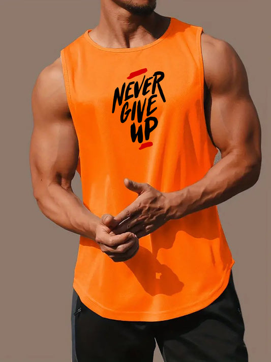 Comfy Never Give Up Graphic Print Crew Neck Tank Top - Soft Slight Stretch Polyester Fabric, Ideal for Summer Gym Workout