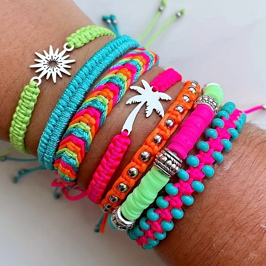 Boho Chic 7-Piece Set Women's Bracelets, Handcrafted Braided Rope with Stainless Steel Charms, Stylish & Elegant, No Plating, Weave Material