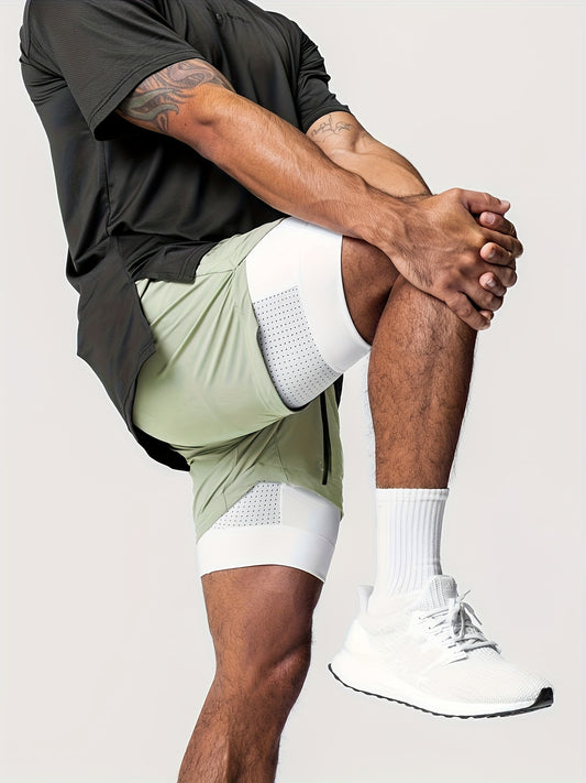Mens 2-in-1 Double Layer Sports Shorts with Secure Inner Pocket - Advanced Quick-Dry Tech for Summer Gym Workouts and Training - Breathable & Durable