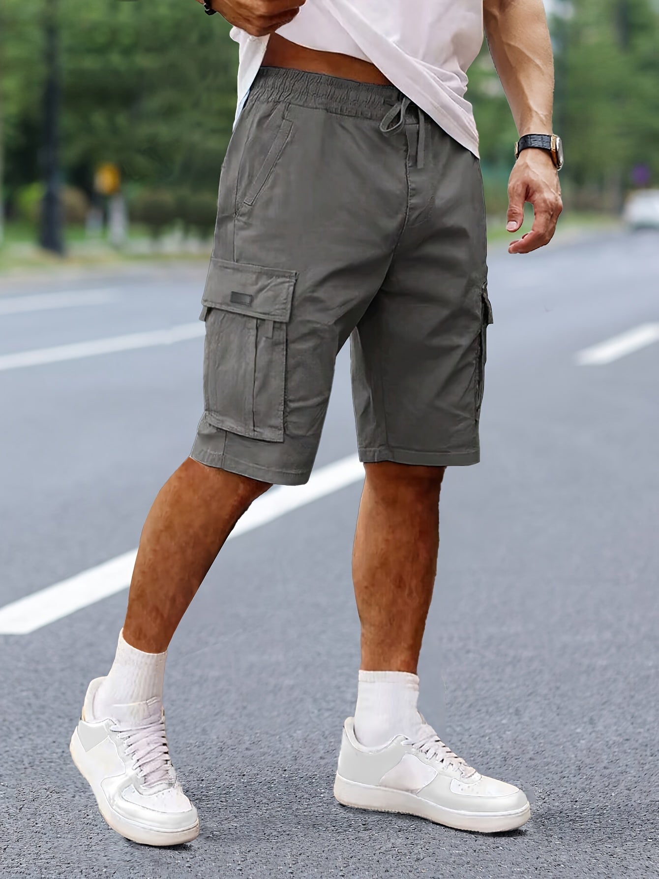 Mult-Pocket Men's Solid Cargo Shorts, Casual Drawstring Shorts For Summer