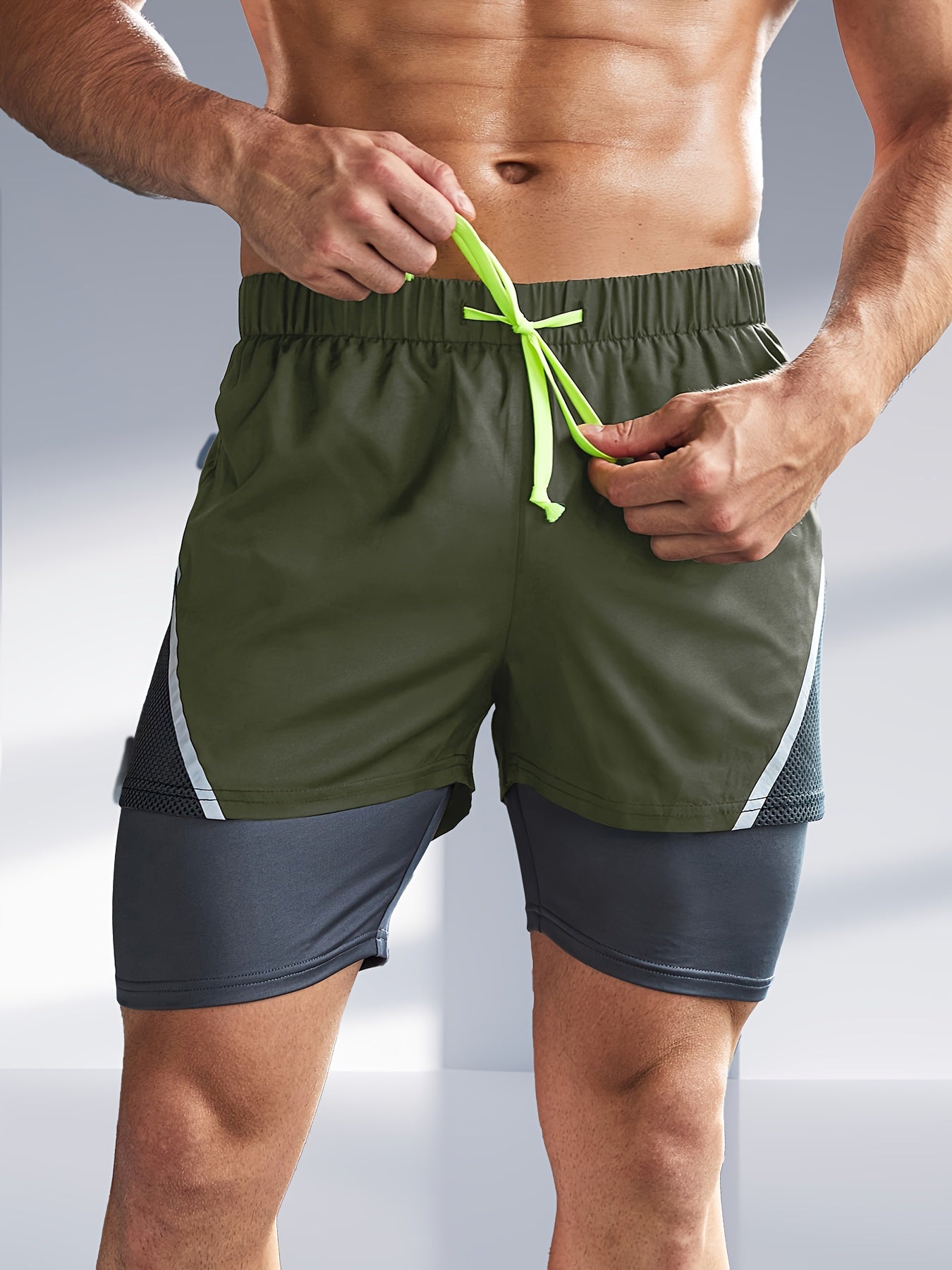 Men's Athletic 2-in-1 Shorts - Black & Gray with Neon Green Accents, Drawstring Waist for Soccer, Running & Training