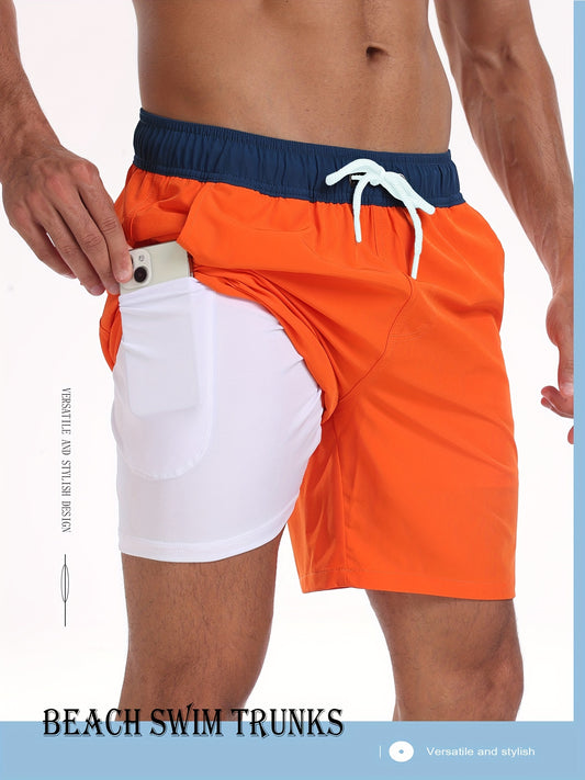 Two Layers Athletic Quick Dry Men's Board Shorts With Pockets, Slightly Stretch Drawstring Workout Shorts In Assorted Colors