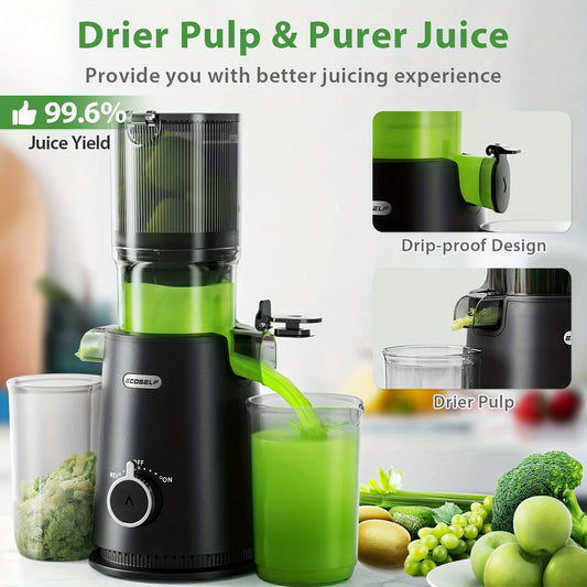4.35" Wide Mouth Cold Press Juicer Plus - Slow Masticating Whole Fruit Juicer Machine for High Juice Yield, Easy Cleaning, and Versatile Vegetable Extraction