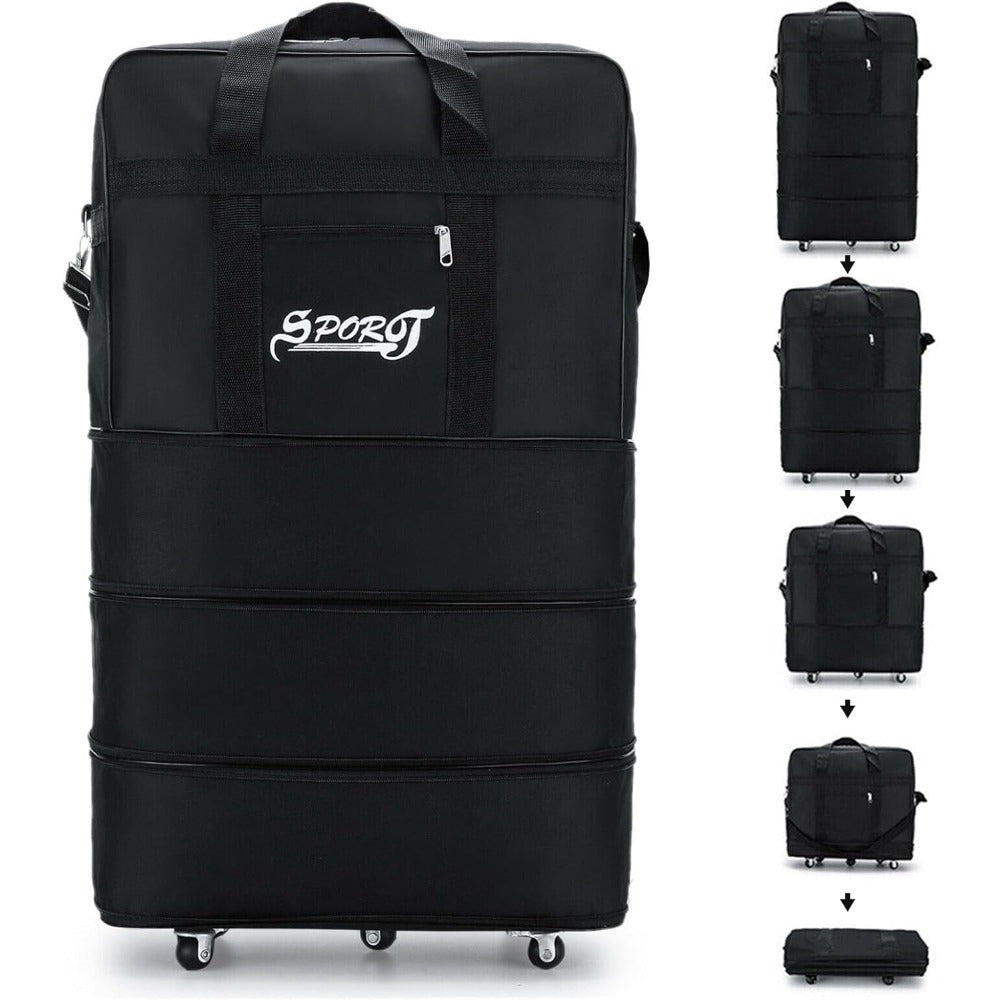Expandable Rolling Duffel Bag, Wheeled Luggage, Folding Travel Suitcase with Removable Shoulder Strap for Men & Women - Black