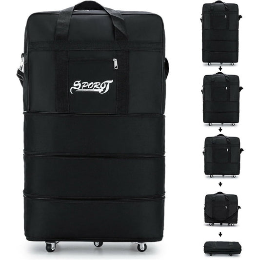 Expandable Rolling Duffel Bag, Wheeled Luggage, Folding Travel Suitcase with Removable Shoulder Strap for Men & Women - Black