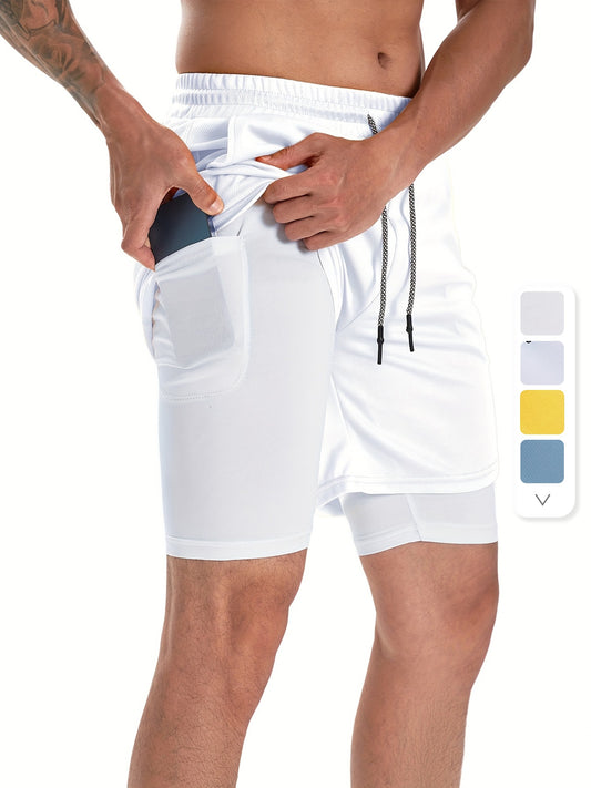 Mens Two-Layer Quick-Dry Gym Shorts with Pockets - Breathable, Slightly Stretchy, Drawstring Closure for Running, Polyester Fabric, Regular Fit