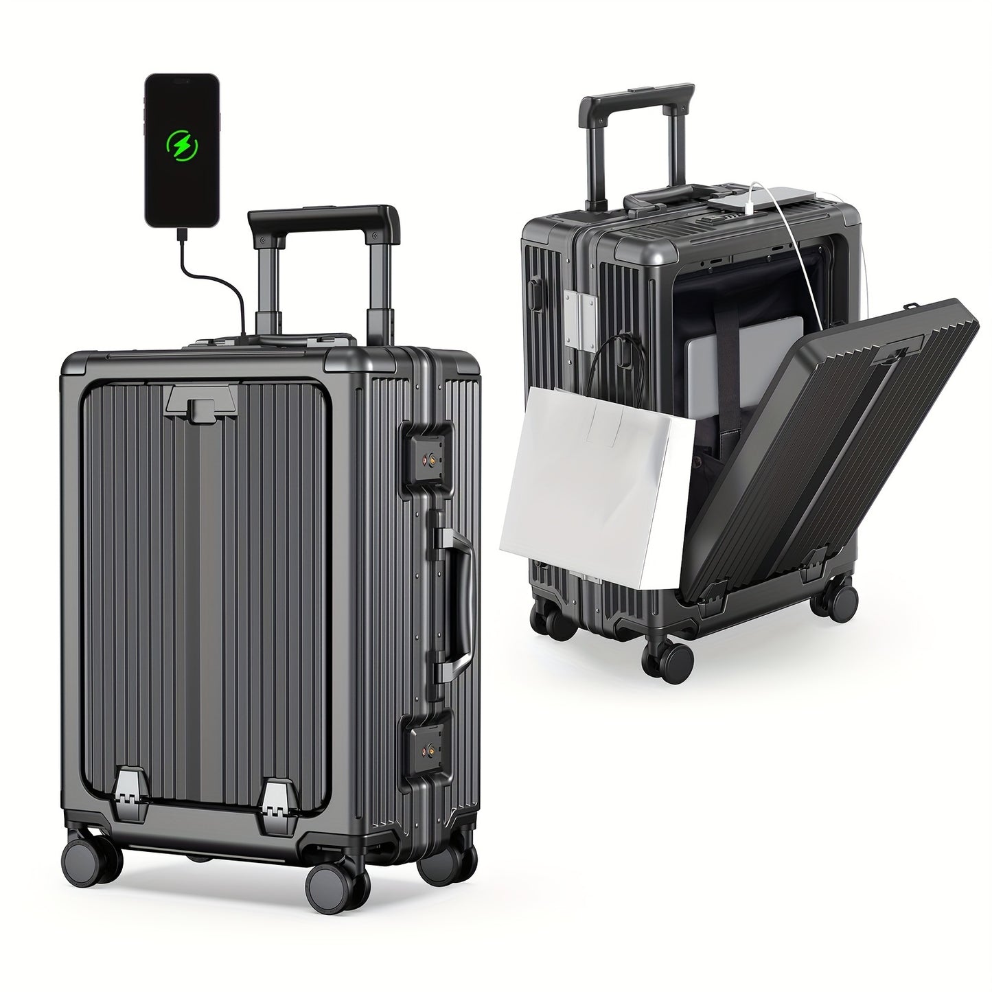 Smart Luggage 22-inch Carry-On With Front Open Door, Cup Holder, USB Port, TSA Lock, And 360° Hard Shell Spinner