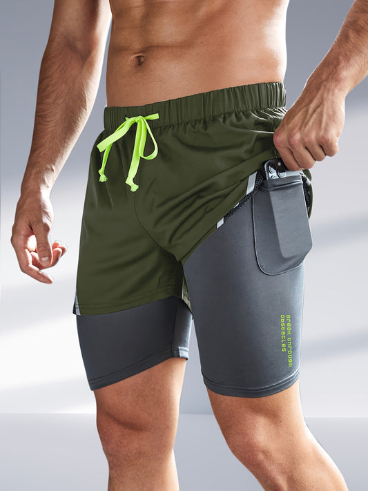 Men's Athletic 2-in-1 Shorts - Black & Gray with Neon Green Accents, Drawstring Waist for Soccer, Running & Training