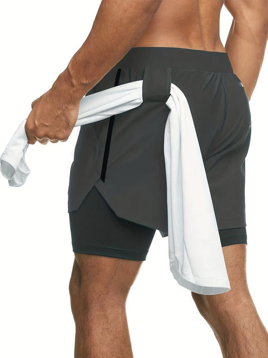 2-in-1 Double Layer High Stretch Sports Shorts with Inner Zipper Pocket - Comfortable, Breathable, Ideal for Mens Summer Gym Workout