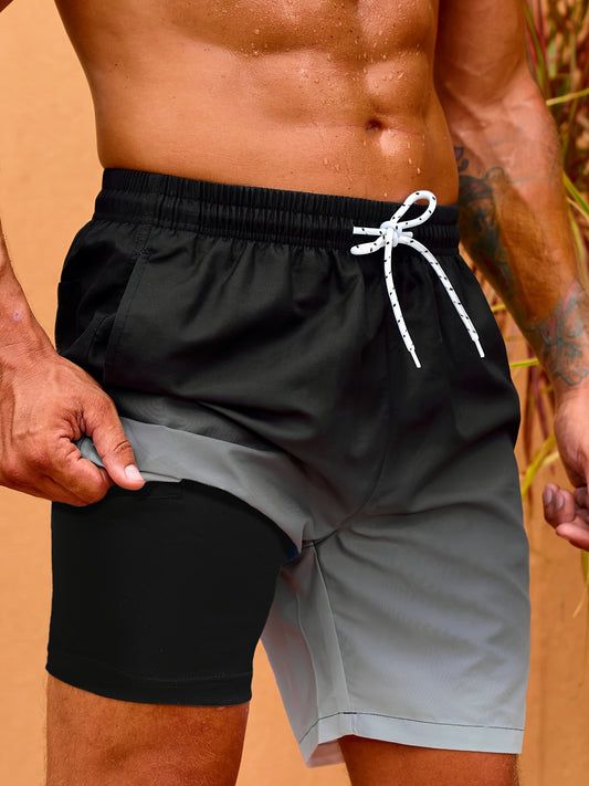 2 In 1 Gradient Color Board Shorts - Quick Dry, Drawstring, Pockets, Chic Design - Ideal Summer Shorts for Pool, Beach