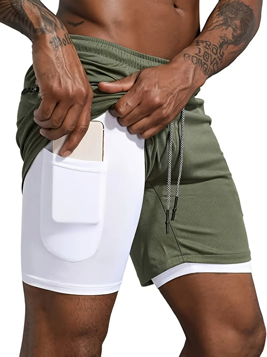 2 In 1 Mens Summer Outdoor Sports Drawstring Shorts, Secure Phone Pocket, Reflective Layer, Quick-Dry Breathable, Ideal for Gym