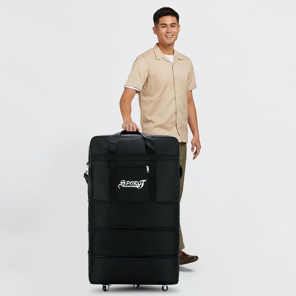 Expandable Rolling Duffel Bag, Wheeled Luggage, Folding Travel Suitcase with Removable Shoulder Strap for Men & Women - Black