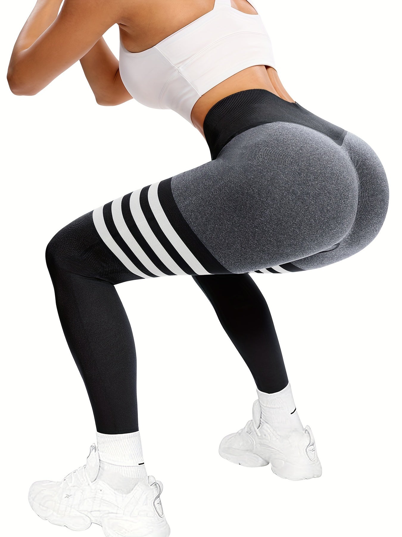 Flattering High-Waisted Butt Lifting Leggings - Seamless Striped Design for Gym and Yoga - Comfortable Stretchy Activewear for Women