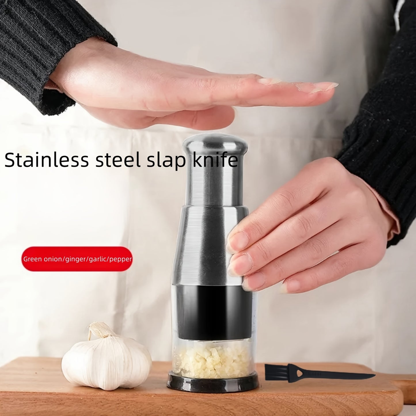 2pcs Stainless Steel Manual Garlic Press & Mini Food Chopper Set with Cleaning Brush - Easy, Quick Chop for Garlic, Onions, Potatoes & Peppers - Perfect for Home Kitchens & Restaurants