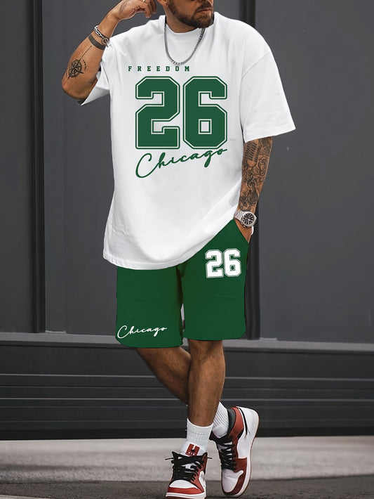 Men's Casual Sportswear Set - Printed T-Shirt & Shorts Combo, Breathable Polyester Blend, Summer Outdoor Wear