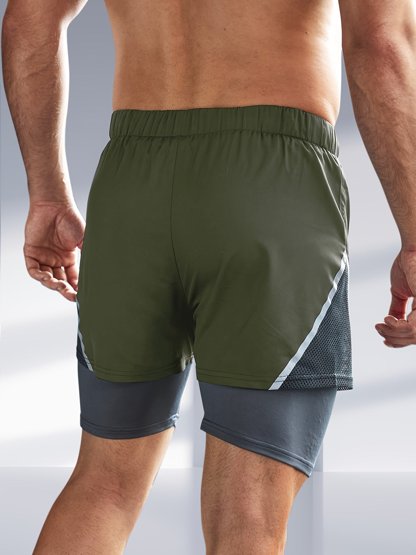 Men's Athletic 2-in-1 Shorts - Black & Gray with Neon Green Accents, Drawstring Waist for Soccer, Running & Training