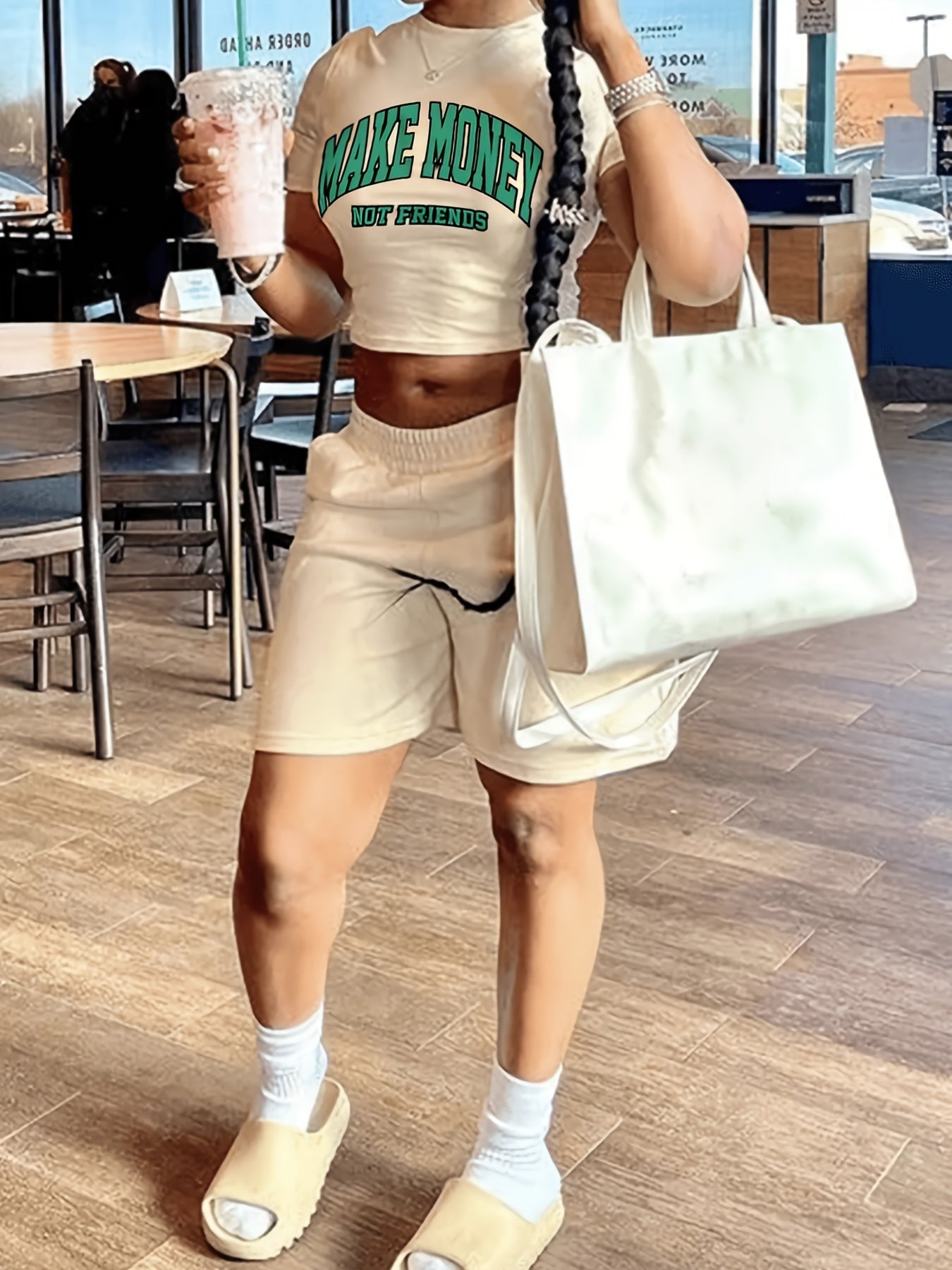 Summer Essentials: Casual Letter-Printed Crop Top & High-Waist Shorts Set, Comfortable Knit Outfit – Easy Care