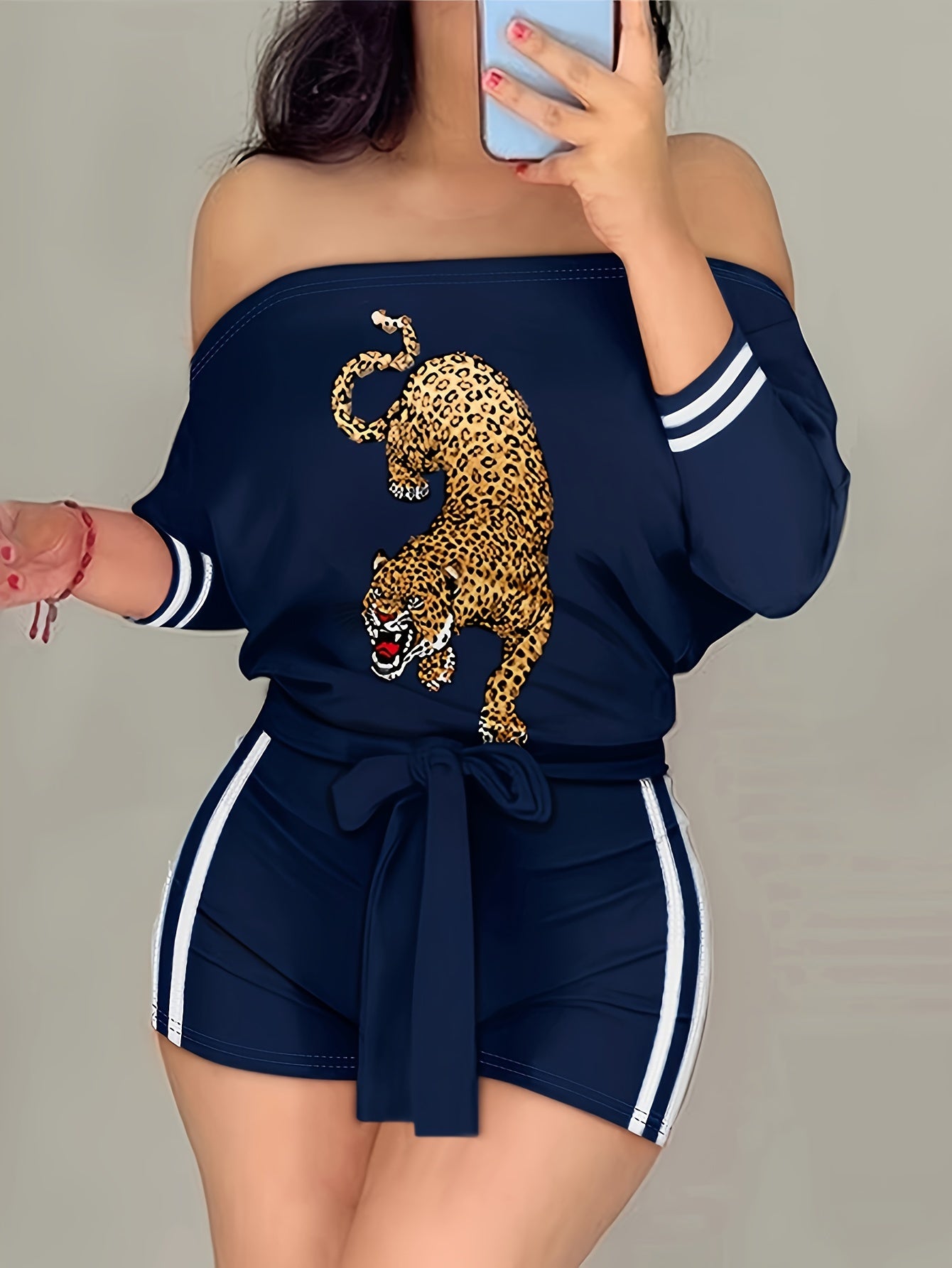 Chic Animal Print & Striped Off Shoulder Romper Jumpsuit - Flattering Tie Waist, Long Sleeve, Backless Style - Perfect Casual Wear for Women