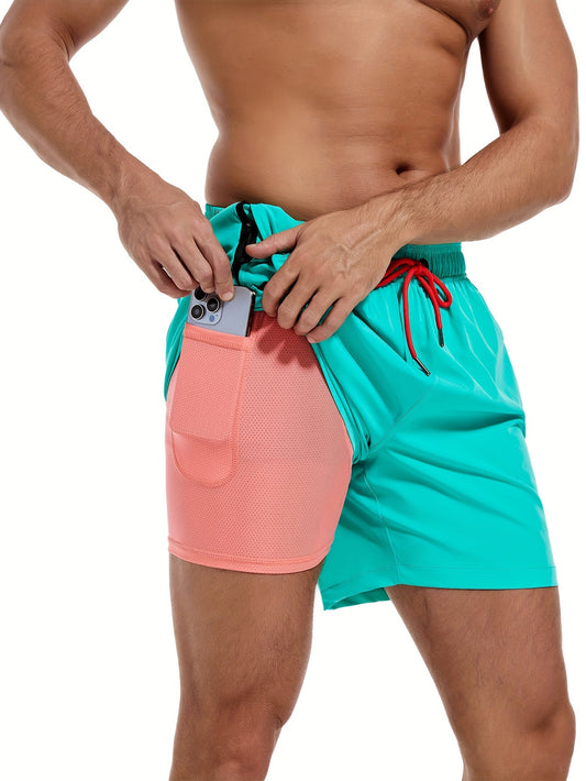 Men's 2 In 1 Quick-drying Sports Shorts With Drawstrings, Casual Trendy Fitness Shorts For Summer Outdoors