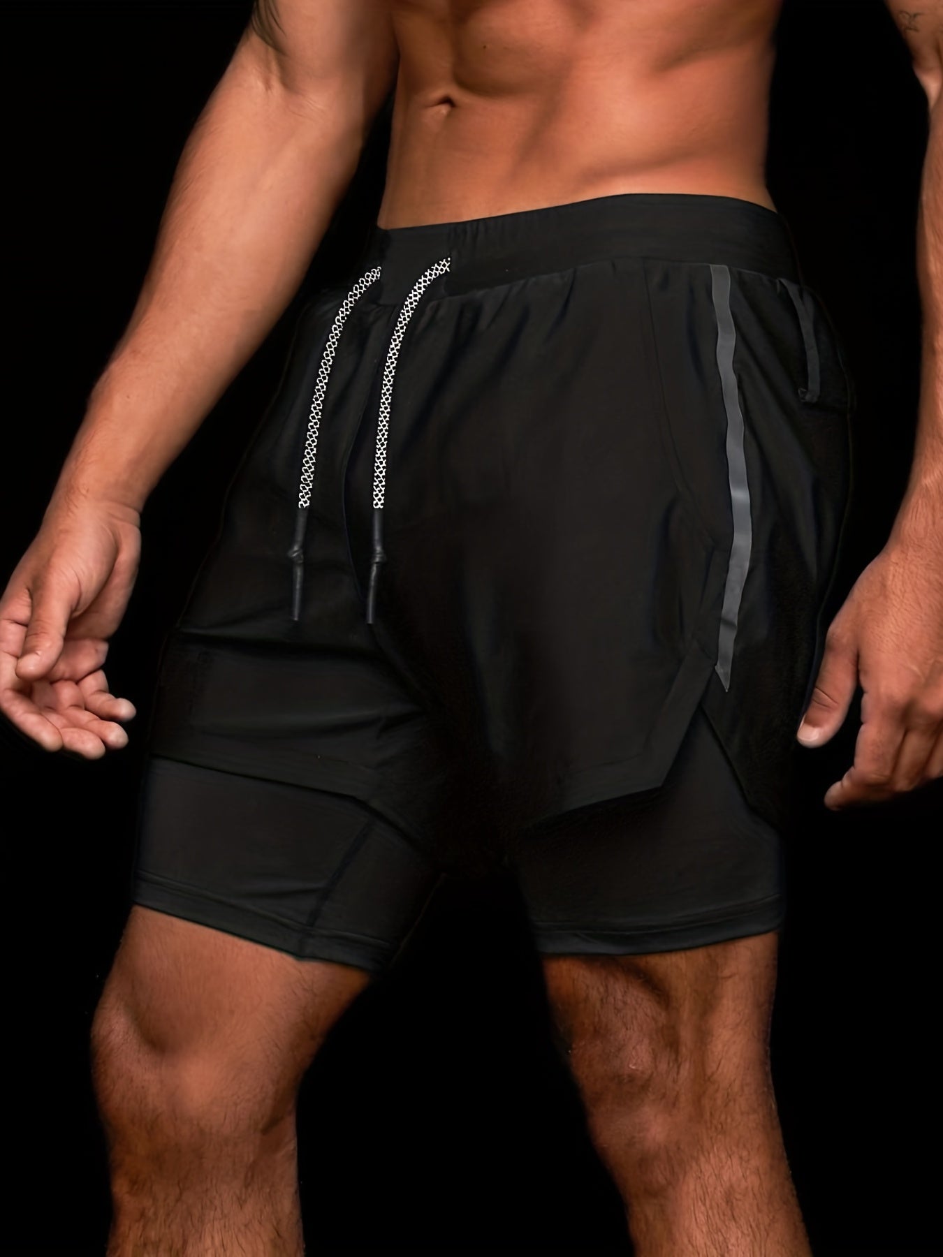 2-in-1 Double Layer High Stretch Sports Shorts with Inner Zipper Pocket - Comfortable, Breathable, Ideal for Mens Summer Gym Workout